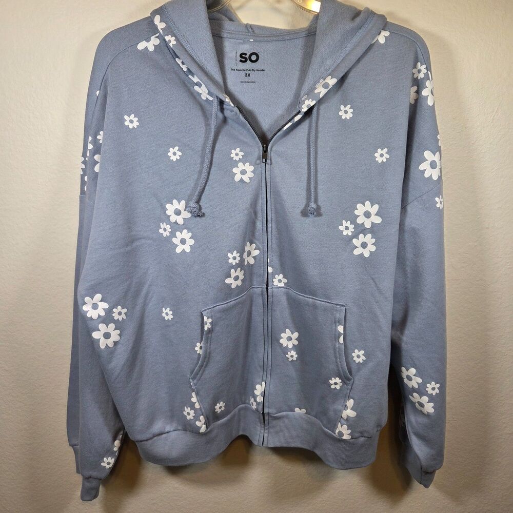 SO Favorite Full Zip Hoodie Womens 3X Blue Floral Daisy Sweatshirt Jacket Pocket